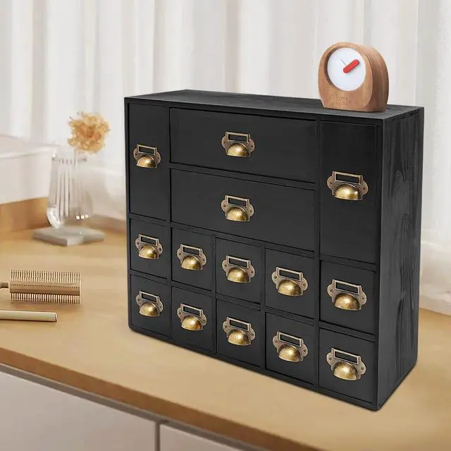 Alt view image 13 of 14 - Wooden Desk Drawer Organizer, 3 Sizes Vintage Apothecary Drawers Cabinet with 14 Drawers Label Frame Practical Card Catalog Cabinets for Household Office Medicine Tea Bags (Black)