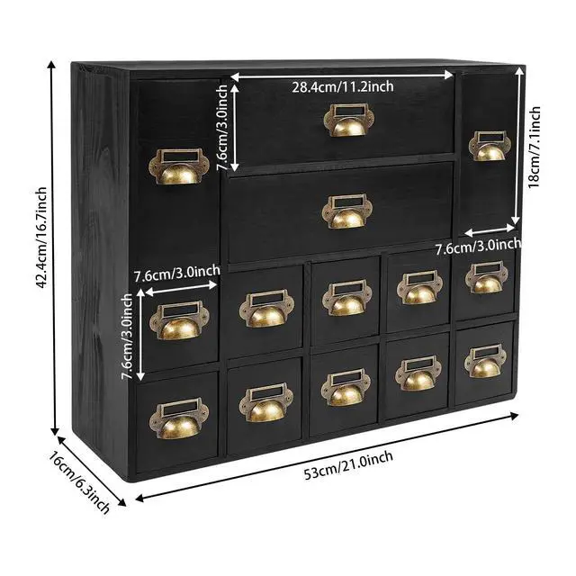 Alt view image 9 of 14 - Wooden Desk Drawer Organizer, 3 Sizes Vintage Apothecary Drawers Cabinet with 14 Drawers Label Frame Practical Card Catalog Cabinets for Household Office Medicine Tea Bags (Black)