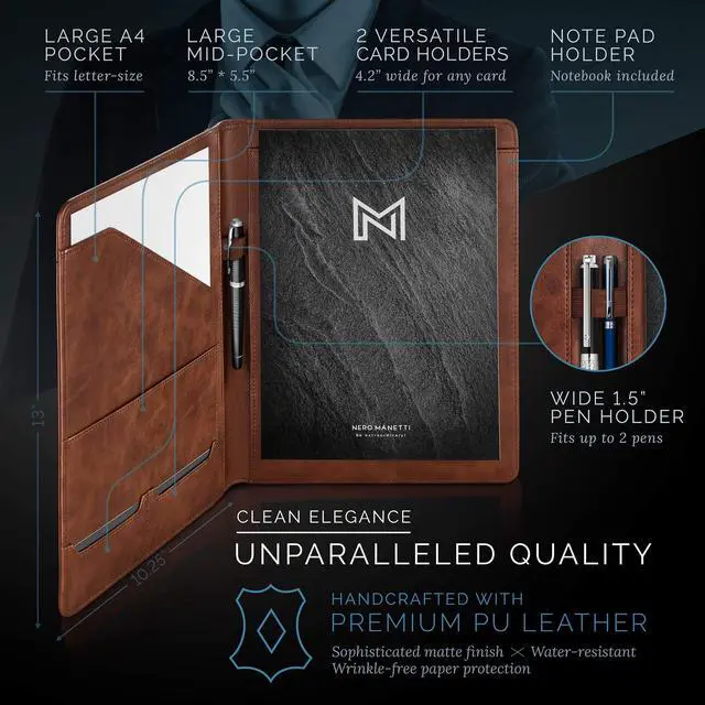 Alt view image 14 of 14 - Leather Portfolio Folder - Business PU Leather Notepad Holder for Resumes, Legal Pad Executive Binder, Professional Padfolio Notebook for Women/Men (Brown)