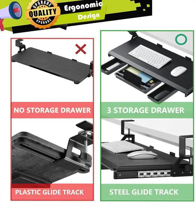 Alt view image 10 of 14 - Keyboard Tray Under Desk, Pull Out Keyboard & Mouse Tray with C-clamp, Ergonomic Desk Keyboard Tray Slide Out, Pull Out Platform Drawer for Home and OfficeBlack