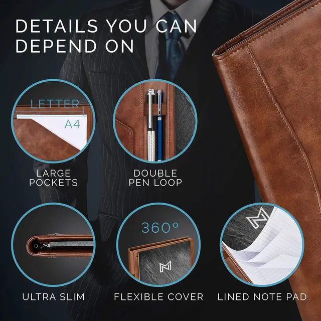 Alt view image 12 of 14 - Leather Portfolio Folder - Business PU Leather Notepad Holder for Resumes, Legal Pad Executive Binder, Professional Padfolio Notebook for Women/Men (Brown)