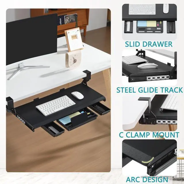 Alt view image 11 of 14 - Keyboard Tray Under Desk, Pull Out Keyboard & Mouse Tray with C-clamp, Ergonomic Desk Keyboard Tray Slide Out, Pull Out Platform Drawer for Home and OfficeBlack