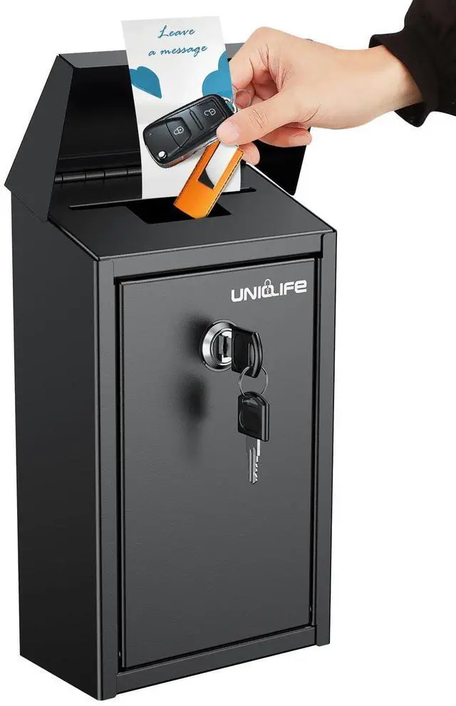 Alt view image 8 of 14 - Black Metal Donation Box, Wall Mounted Mailbox for Outside | Safe Suggestion Box with Key Lock, Steel Key Drop Box with Top Slot, Cash Box for Home Office and Business