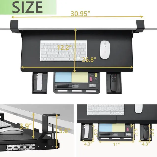 Alt view image 12 of 14 - Keyboard Tray Under Desk, Pull Out Keyboard & Mouse Tray with C-clamp, Ergonomic Desk Keyboard Tray Slide Out, Pull Out Platform Drawer for Home and OfficeBlack
