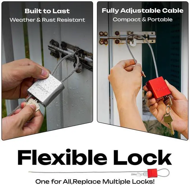 Alt view image 10 of 14 - Cable Padlock with 3 Keys | L 1.15ft(0.35m),D 1/6in(4mm) Adjustable Steel Cable Lock | Aluminum Locks for Bikes, Gate, Lockers & Outdoor Gear | Weatherproof & Silver