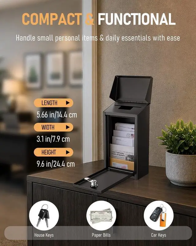 Alt view image 9 of 14 - Black Metal Donation Box, Wall Mounted Mailbox for Outside | Safe Suggestion Box with Key Lock, Steel Key Drop Box with Top Slot, Cash Box for Home Office and Business