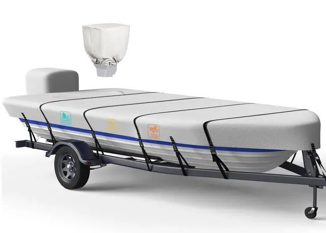 Alt view image 2 of 2 - 1200D 5-Layer Jon Boat Cover 14-16ft with Motor Cover | Super Waterproof (2-Layer PU, 1" Seam Tape) | UV Resistant, 9+4 Windproof Straps | Mooring/Trailerable