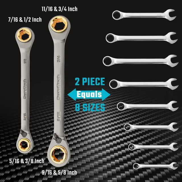 Alt view image 10 of 14 - 4-in-1 Anti-Slip Reversible Ratcheting Box Wrench Set, SAE | Double Box End, 2-Piece, 5/16", 3/8", 7/16", 1/2" & 9/16", 5/8", 11/16", 3/4", CR-V Steel, Nickel Plated, Rolling Pouch