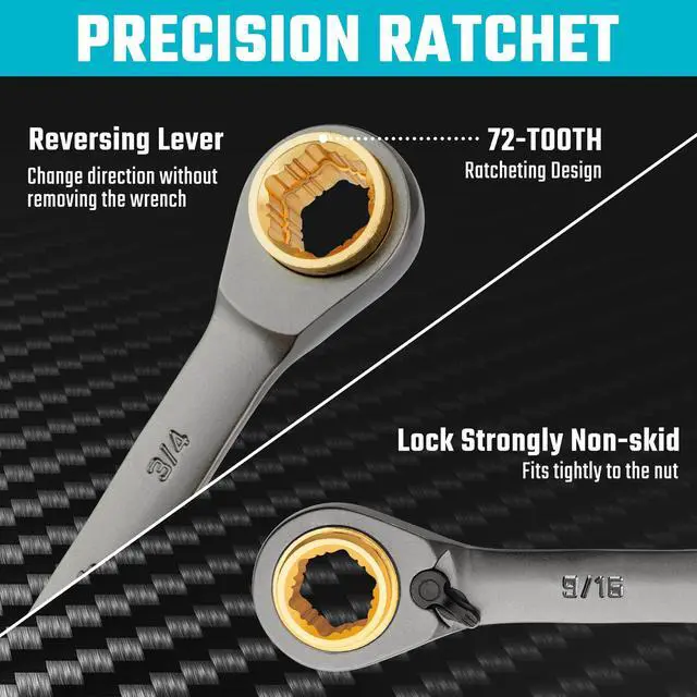 Alt view image 12 of 14 - 4-in-1 Anti-Slip Reversible Ratcheting Box Wrench Set, SAE | Double Box End, 2-Piece, 5/16", 3/8", 7/16", 1/2" & 9/16", 5/8", 11/16", 3/4", CR-V Steel, Nickel Plated, Rolling Pouch