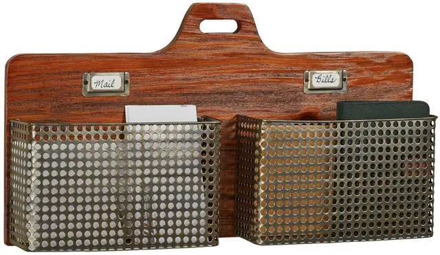 Alt view image 6 of 10 - Sawyer Vertical Wall Organizer - Mission Red Oak - Handcrafted - Wooden Back, Metal Baskets - Vintage Hanging Organizer - Two Tier Basket for Mail, Paper, Letters - 24 Inches Wide Horizontal