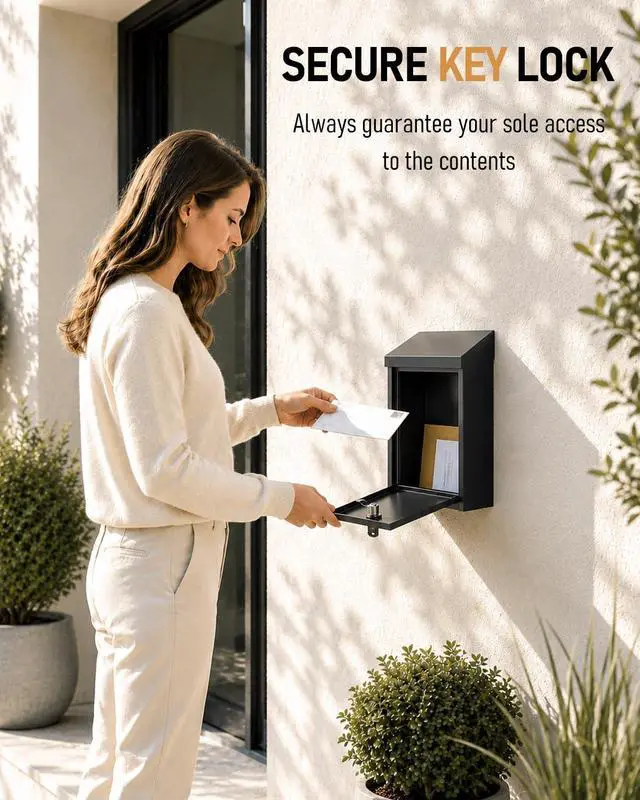 Alt view image 10 of 14 - Black Metal Donation Box, Wall Mounted Mailbox for Outside | Safe Suggestion Box with Key Lock, Steel Key Drop Box with Top Slot, Cash Box for Home Office and Business