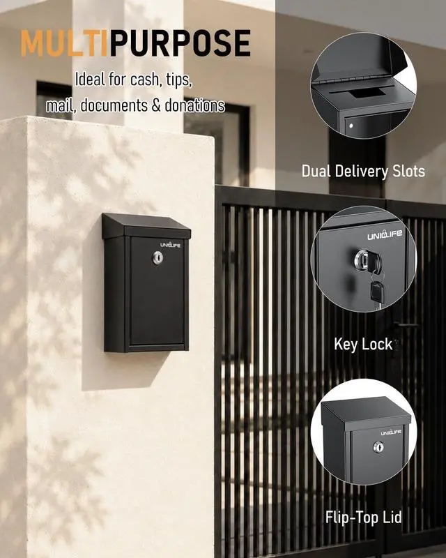 Alt view image 11 of 14 - Black Metal Donation Box, Wall Mounted Mailbox for Outside | Safe Suggestion Box with Key Lock, Steel Key Drop Box with Top Slot, Cash Box for Home Office and Business