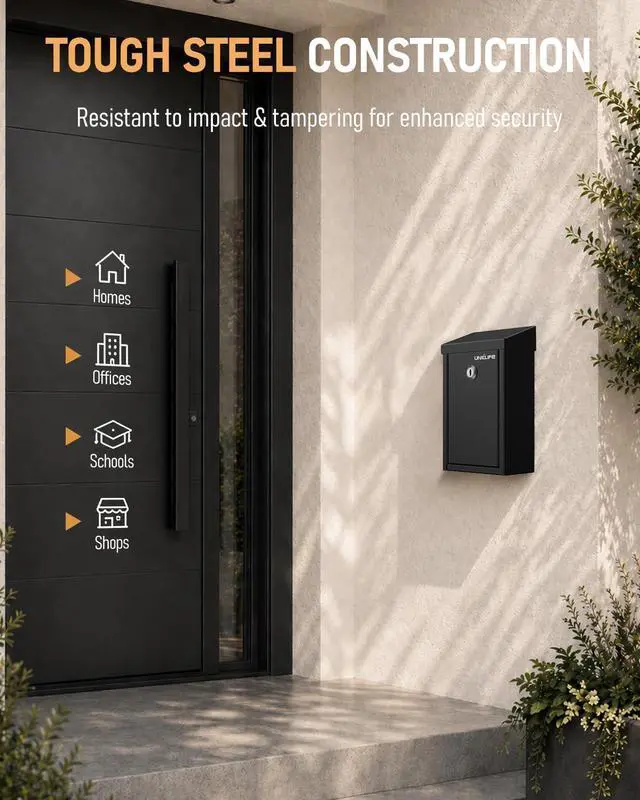 Alt view image 13 of 14 - Black Metal Donation Box, Wall Mounted Mailbox for Outside | Safe Suggestion Box with Key Lock, Steel Key Drop Box with Top Slot, Cash Box for Home Office and Business