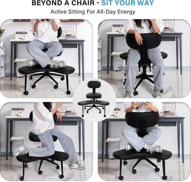 Alt view image 11 of 14 - Cross-Legged Office Meditation Chair with Back Support - Criss Cross ADHD Chair with Wheels- Ergonomic Yoga Desk Chairs, Height Adjustable, Black