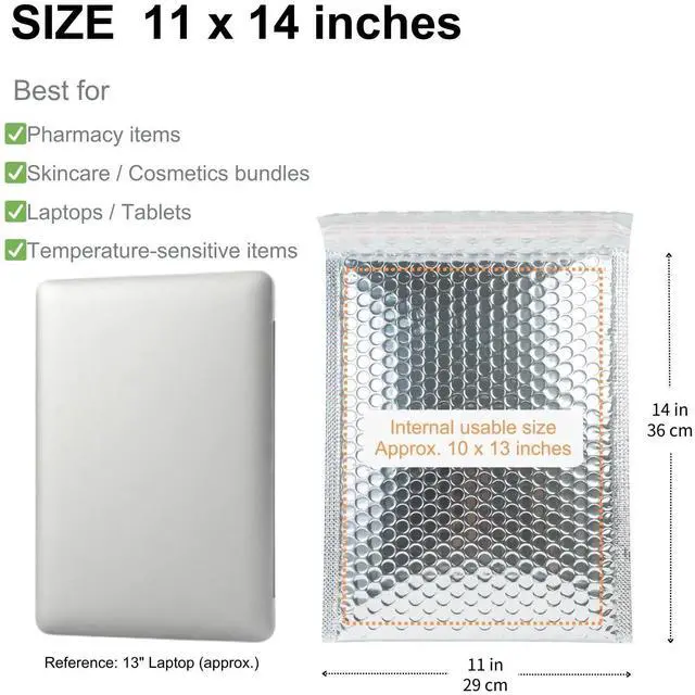 Alt view image 9 of 14 - 50 Pack 11x14 Inch Insulated Bubble Mailers for Cold Shipping, Silver Foil | Metallic Thermal Padded Shipping Bags with Self-seal Closure, Water-resistant and Protective Bubble Cushioning Envelopes
