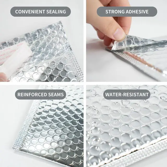 Alt view image 11 of 14 - 50 Pack 11x14 Inch Insulated Bubble Mailers for Cold Shipping, Silver Foil | Metallic Thermal Padded Shipping Bags with Self-seal Closure, Water-resistant and Protective Bubble Cushioning Envelopes