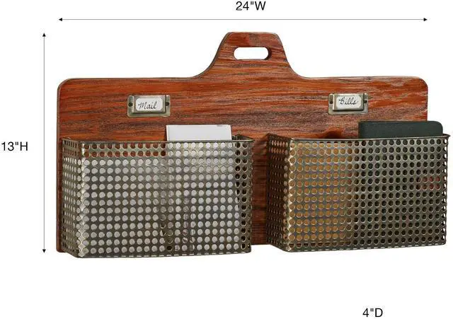 Alt view image 8 of 10 - Sawyer Vertical Wall Organizer - Mission Red Oak - Handcrafted - Wooden Back, Metal Baskets - Vintage Hanging Organizer - Two Tier Basket for Mail, Paper, Letters - 24 Inches Wide Horizontal