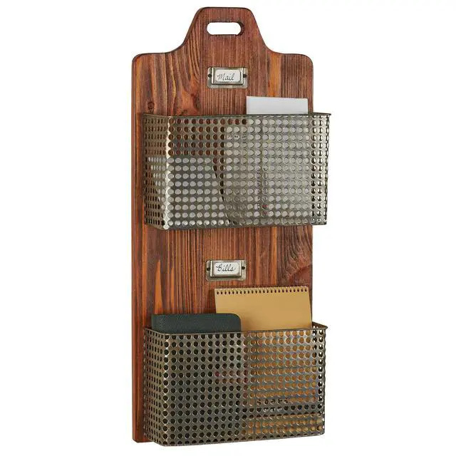 Alt view image 6 of 10 - Sawyer Vertical Wall Organizer - Mission Red Oak - Handcrafted - Wooden Back, Metal Baskets - Vintage Hanging Organizer - Two Tier Basket for Mail, Paper, Letters - 26 Inches High Vertical