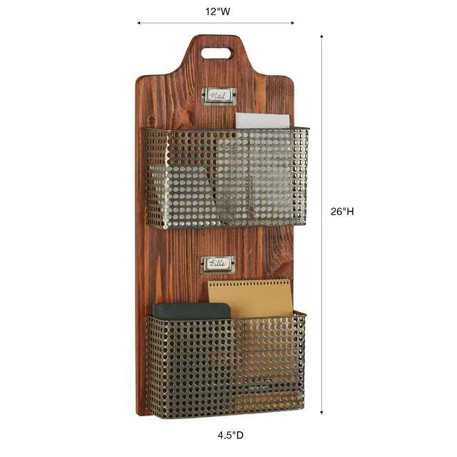 Alt view image 8 of 10 - Sawyer Vertical Wall Organizer - Mission Red Oak - Handcrafted - Wooden Back, Metal Baskets - Vintage Hanging Organizer - Two Tier Basket for Mail, Paper, Letters - 26 Inches High Vertical