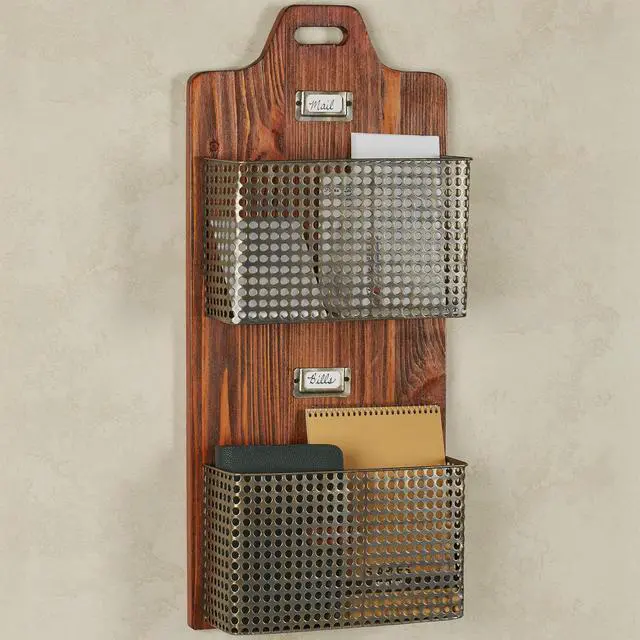 Alt view image 7 of 10 - Sawyer Vertical Wall Organizer - Mission Red Oak - Handcrafted - Wooden Back, Metal Baskets - Vintage Hanging Organizer - Two Tier Basket for Mail, Paper, Letters - 26 Inches High Vertical
