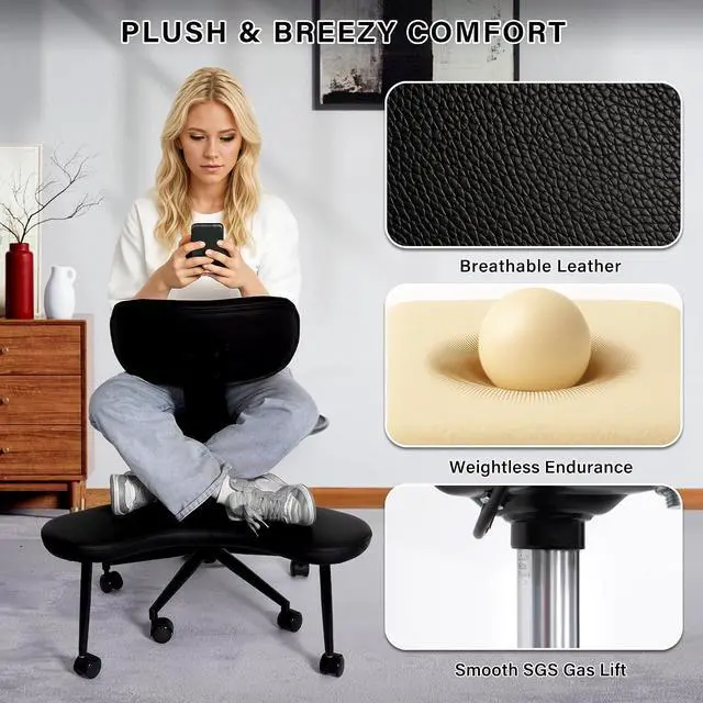Alt view image 13 of 14 - Cross-Legged Office Meditation Chair with Back Support - Criss Cross ADHD Chair with Wheels- Ergonomic Yoga Desk Chairs, Height Adjustable, Black