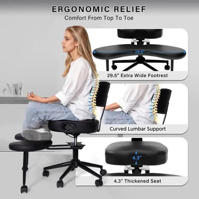 Alt view image 14 of 14 - Cross-Legged Office Meditation Chair with Back Support - Criss Cross ADHD Chair with Wheels- Ergonomic Yoga Desk Chairs, Height Adjustable, Black