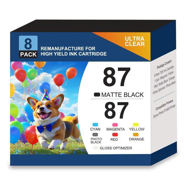 Alt view image 7 of 12 - Remanufactured 87 T087 Ink Cartridge with New Chip | Replacement for Stylus Photo R1900 Printer Ink T087020 T087120 T087220 T087320 T087420 T087720 T087820 T087920 8-Pack