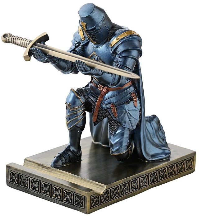 Alt view image 8 of 14 - Medieval Templar Vanguard Officer Knight Pen Holder Desk Organizers Blue | Pencil Stand Paperweight Desktop Decoration Accessories Cell Phone Stand with a Fancy Sword for Medieval Warrior Enthusiast
