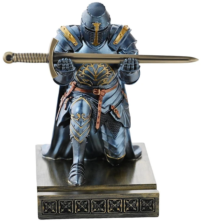 Alt view image 10 of 14 - Medieval Templar Vanguard Officer Knight Pen Holder Desk Organizers Blue | Pencil Stand Paperweight Desktop Decoration Accessories Cell Phone Stand with a Fancy Sword for Medieval Warrior Enthusiast