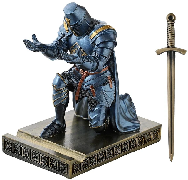 Alt view image 9 of 14 - Medieval Templar Vanguard Officer Knight Pen Holder Desk Organizers Blue | Pencil Stand Paperweight Desktop Decoration Accessories Cell Phone Stand with a Fancy Sword for Medieval Warrior Enthusiast