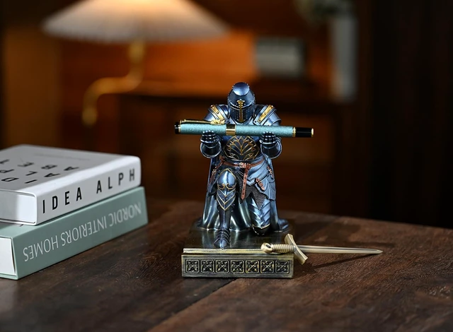 Alt view image 13 of 14 - Medieval Templar Vanguard Officer Knight Pen Holder Desk Organizers Blue | Pencil Stand Paperweight Desktop Decoration Accessories Cell Phone Stand with a Fancy Sword for Medieval Warrior Enthusiast