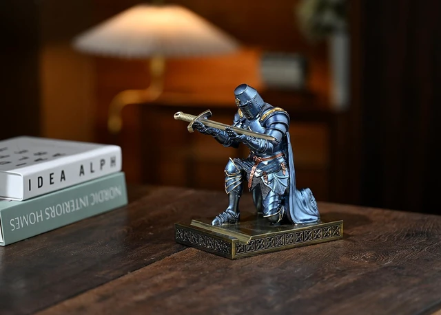 Alt view image 14 of 14 - Medieval Templar Vanguard Officer Knight Pen Holder Desk Organizers Blue | Pencil Stand Paperweight Desktop Decoration Accessories Cell Phone Stand with a Fancy Sword for Medieval Warrior Enthusiast