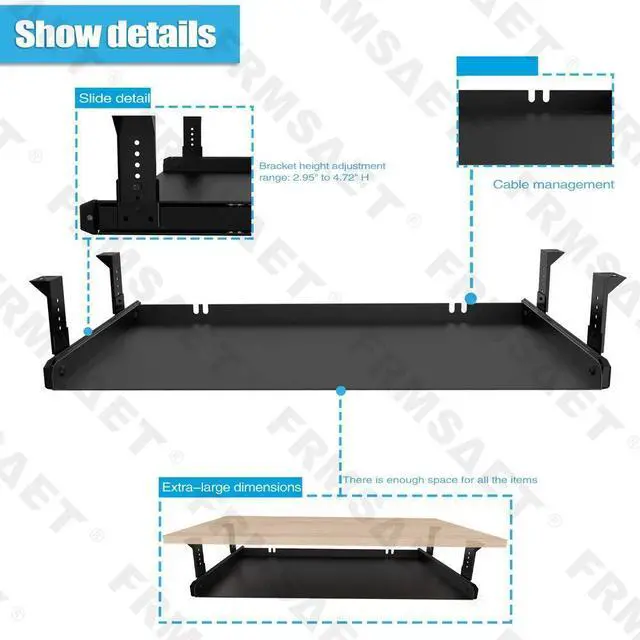Alt view image 9 of 14 - Under Desk Keyboard Tray Heavy-Duty All-Metal Material 20/24/30 inches Platform Computer Drawer Organizer Home Office Kitchen Bedroom Garage Storage Tool - Easy to Install.(30 inches, Black)