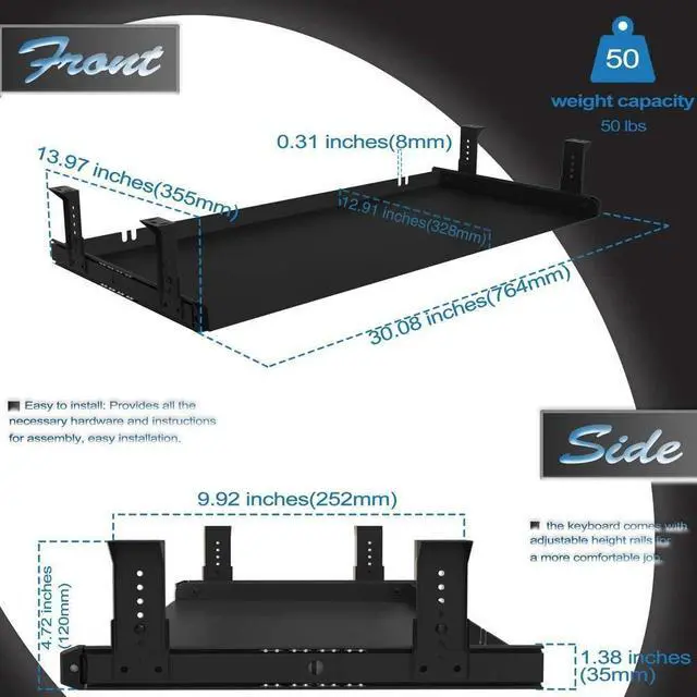 Alt view image 11 of 14 - Under Desk Keyboard Tray Heavy-Duty All-Metal Material 20/24/30 inches Platform Computer Drawer Organizer Home Office Kitchen Bedroom Garage Storage Tool - Easy to Install.(30 inches, Black)