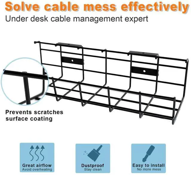 Alt view image 7 of 8 - Under Desk Cable Management- 6 Pack Cord Organizer. Metal Wire Cable Management Tray for Office, Studio and Home. Super Sturdy Under Table Cable Managements - Black Cable Organizer