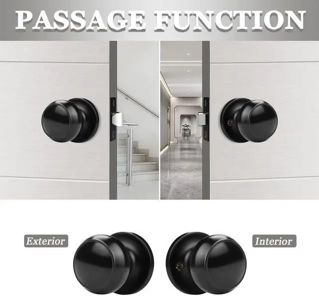 Alt view image 10 of 14 - (10 Pack Round Passage Door Knob(Non-Locking Knobs), Keyless Doorknobs Interior/Exterior Door Lockset,Passage Knobs for Hallway/Closet,Black Finish Modern Design Door Hardware