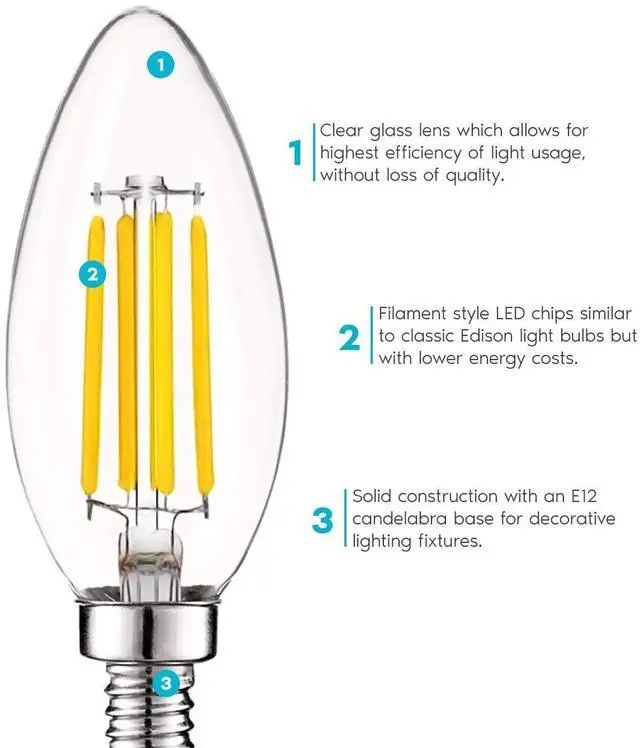 Alt view image 9 of 14 - Vintage Candelabra LED Bulb 60W Equivalent, 550 Lumens, 3500K Natural White, LED Chandelier Light Bulbs 5W, Dimmable, Clear Glass, Filament LED Candle Bulbs, UL Listed, E12 Base (6 Pack)