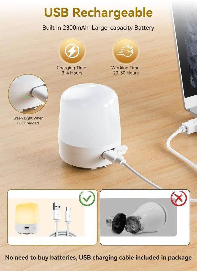 Alt view image 12 of 14 - E26 Rechargeable Light Bulbs with Remote and Timer, 2 Pack | Battery light Bulb with 12 Colors, Brightness Dimmable, 2300mAh 40W Equivalent LED Bulbs for Lamps Sconces Camping Emergency