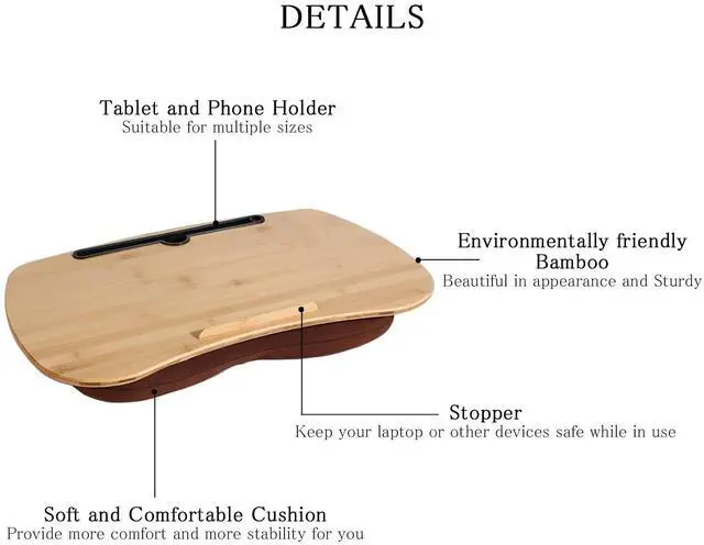 Alt view image 9 of 12 - Lap Desk-Portable Laptop Table with Cushion Bamboo Platform Phone Holder L(21.6"x13.8")