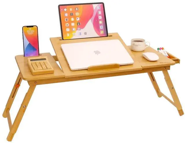 Alt view image 8 of 14 - Lap Desk Laptop Table Bamboo Writing Eating Bed Tray Adjustable Angle Height Foldable Desk Tray with Tablet Slot Drawer Breakfast Coffee Tea Table for Sofa Couch Floor Large Size