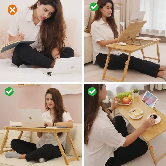 Alt view image 9 of 14 - Lap Desk Laptop Table Bamboo Writing Eating Bed Tray Adjustable Angle Height Foldable Desk Tray with Tablet Slot Drawer Breakfast Coffee Tea Table for Sofa Couch Floor Large Size