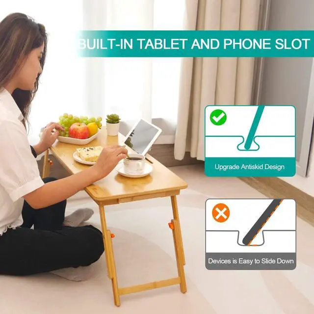 Alt view image 10 of 14 - Lap Desk Laptop Table Bamboo Writing Eating Bed Tray Adjustable Angle Height Foldable Desk Tray with Tablet Slot Drawer Breakfast Coffee Tea Table for Sofa Couch Floor Large Size