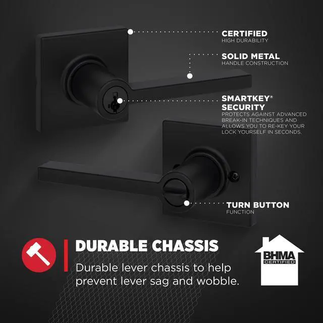 Alt view image 14 of 14 - Casey Entry Door Handle with Lock and Key, Secure Keyed Reversible Lever Exterior, For Front Entrance and Bedrooms, Matte Black, Pick Resistant Smartkey Rekey Security and Microban
