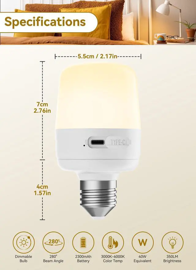 Alt view image 14 of 14 - E26 Rechargeable Light Bulbs with Remote and Timer, 2 Pack | Battery light Bulb with 12 Colors, Brightness Dimmable, 2300mAh 40W Equivalent LED Bulbs for Lamps Sconces Camping Emergency