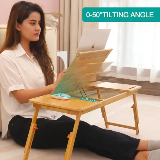 Alt view image 11 of 14 - Lap Desk Laptop Table Bamboo Writing Eating Bed Tray Adjustable Angle Height Foldable Desk Tray with Tablet Slot Drawer Breakfast Coffee Tea Table for Sofa Couch Floor Large Size