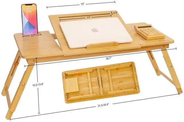 Alt view image 13 of 14 - Lap Desk Laptop Table Bamboo Writing Eating Bed Tray Adjustable Angle Height Foldable Desk Tray with Tablet Slot Drawer Breakfast Coffee Tea Table for Sofa Couch Floor Large Size