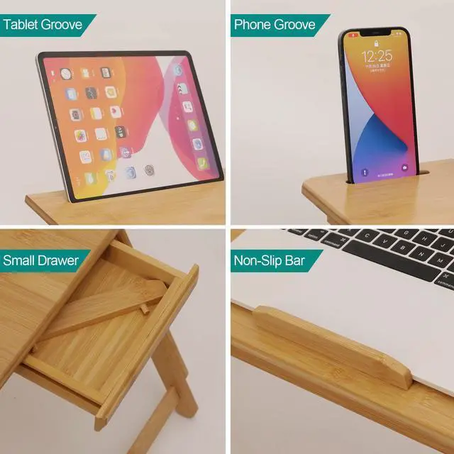 Alt view image 14 of 14 - Lap Desk Laptop Table Bamboo Writing Eating Bed Tray Adjustable Angle Height Foldable Desk Tray with Tablet Slot Drawer Breakfast Coffee Tea Table for Sofa Couch Floor Large Size