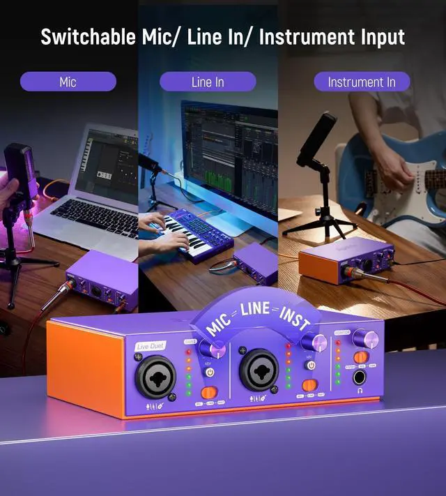 Alt view image 10 of 14 - USB C Audio Interface for Recording Music, Streaming, Podcasting with Dual XLR, Line Input, 24bit/48kHz, 48V Phantom Power, 2-channel, Purple