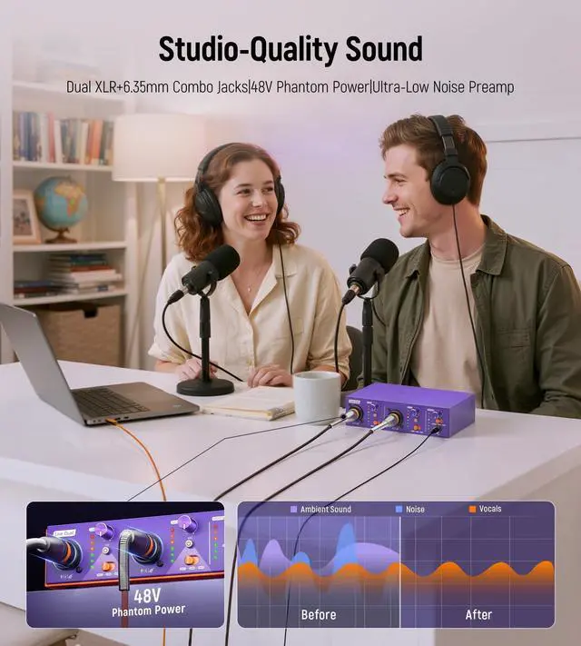 Alt view image 9 of 14 - USB C Audio Interface for Recording Music, Streaming, Podcasting with Dual XLR, Line Input, 24bit/48kHz, 48V Phantom Power, 2-channel, Purple