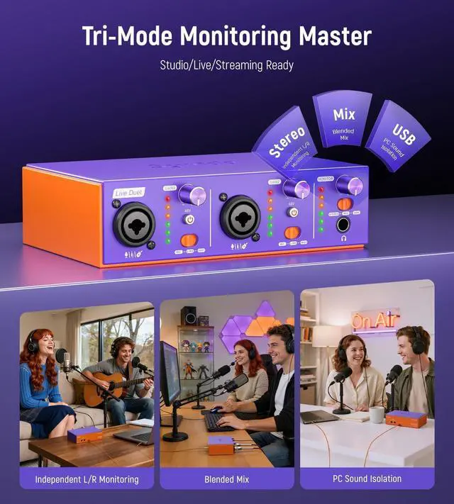 Alt view image 11 of 14 - USB C Audio Interface for Recording Music, Streaming, Podcasting with Dual XLR, Line Input, 24bit/48kHz, 48V Phantom Power, 2-channel, Purple